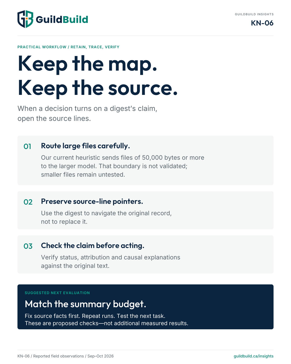 Three practical steps: route large files carefully, preserve source-line pointers, and verify consequential claims against the original text. The team’s 50,000-byte routing threshold is a heuristic, not a validated model boundary. The next suggested evaluation matches summary budgets and tests downstream tasks.